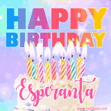 A vibrant animated name GIF with the words 'Happy Birthday Esperanta' with colorful candles on a creamy cake. The background sparkles with pastel shades, adding a festive touch.
