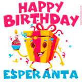 A vibrant and funny gift box character with a happy face dancing with a cupcake and the text 'Happy Birthday Esperanta,' surrounded by animated confetti and party vibes.