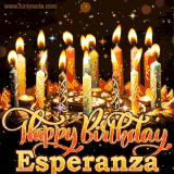 A glowing personalized birthday GIF with name Esperanza featuring lit candles with intricate designs, warm lighting, and the text 'Happy Birthday' in an elegant font.