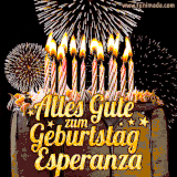 A chocolate birthday cake with glowing candles, the German text 'Alles Gute zum Geburtstag Esperanza,' and vibrant fireworks lighting up the background in an animated GIF.