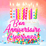 A white birthday cake covered in colorful sprinkles, topped with bright candles, and French text 'Bon Anniversaire Esperanza' on a pastel gradient background in an animated GIF.