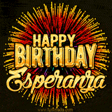 Golden 'Happy Birthday Esperanza' text accompanied by animated rainbow fireworks for a festive animated greeting.