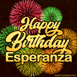 Golden text reading 'Happy Birthday Esperanza' surrounded by vibrant fireworks in red, green, and yellow, set against a dark background in this celebratory birthday GIF.
