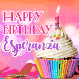 A vibrant birthday GIF featuring a rainbow-colored cupcake topped with white frosting, sprinkles, and a lit candle. The text reads 'Happy Birthday Esperanza' in bold pink and violet letters with white outline.