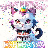 Adorable party-themed animated cat next to a lit birthday cake with text that says 'Happy Birthday Esperanza,' surrounded by colorful decorations and sparkles.