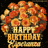 Animated bouquet of orange roses with moving butterfles and golden 'Happy Birthday Esperanza' text, surrounded by sparkling accents and a dark backdrop for a luxurious feel.