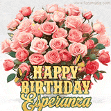 Golden 'Happy Birthday Esperanza' text beneath a vibrant bouquet of orange roses, complete with glittering butterflies and sparkling details.