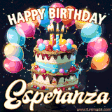 Bright birthday animation for Esperanza with a chocolate cake, candles, balloons, and glowing celebratory lights.
