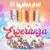 A cheerful white birthday cake with multicolor sprinkles, lit candles, and 'Esperanza' written in vibrant letters, in an animated GIF.