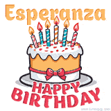 Cartoon birthday cake with a red bow, glowing candles, and 'Esperanza Happy Birthday' text in bold animated style.