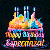 A mesmerizing animated cake with multicolor frosting and candles, and the words 'Happy Birthday Esperanza' on the black background.