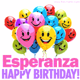 Animated colorful and joyful birthday balloons with cheerful smiles and a bright 'Happy Birthday Esperanza!' message in pink and purple.