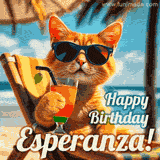 An animated orange cat wearing sunglasses, sitting on a beach chair with a tropical drink, with a festive 'Happy Birthday Esperanza!' message.