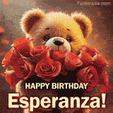 Cinematic style cute animated teddy bear with charming features holding a large bouquet of red roses, the words say 'Happy Birthday Esperanza' in sans serif font.