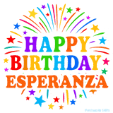 Happy Birthday Esperanza' GIF with rainbow-colored letters, colorful stars, and fireworks on white background.