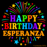 Personalized greeting card with name, colorful text that says 'Happy Birthday Esperanza' surrounded by animated fireworks and multicolor stars