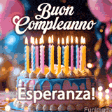 Birthday cake topped with pink and yellow lit candles, surrounded by glowing bokeh lights and party balloons. The greeting 'Buon Compleanno Esperanza GIF!' is displayed.