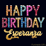Vibrant luxury birthday greeting card for Esperanza, showing glittering gemstone letters and golden calligraphy on a dark background with twinkling shine effects.