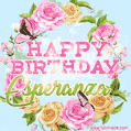 A charming animated GIF featuring 'Happy Birthday Esperanza' in pink and green text, surrounded by delicate roses, leaves, and fluttering butterflies on a soft light blue pastel background.