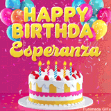 Pink-themed animated greeting with balloons, confetti, and a frosted cake under the message 'Happy Birthday Esperanza' in bold rounded yellow font.