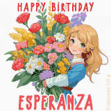 Bright floral birthday animation for Esperanza showing a cute cartoon girl with golden hair and expressive eyes holding a huge bouquet, surrounded by birthday text.