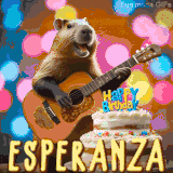 Animated birthday GIF showing a capybara playing guitar and singing beside a birthday cake with the name Esperanza in large letters and colorful bokeh lights in the background.