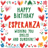 A colorful animated card for Esperanza’s birthday featuring playful hearts, cheerful flowers, and a handwritten message wishing smiles and sunshine.