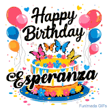 An animated birthday card for Esperanza. It features a festive cake with her name, 'Esperanza', and colorful butterflies. Floating balloons and hearts complete the joyful scene.