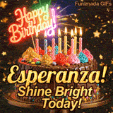 Bold golden lettering spelling Esperanza! on a gourmet chocolate cake with the subtext Shine Bright Today! on a gold stand.
