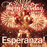 Large white nameplate spelling Esperanza with red outline placed on a luxurious red gift box under party balloons.