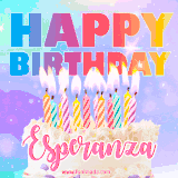 A vibrant animated name GIF with the words 'Happy Birthday Esperanza' with colorful candles on a creamy cake. The background sparkles with pastel shades, adding a festive touch.