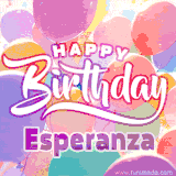 A vibrant name GIF featuring colorful balloons in shades of pink, orange, and yellow with the bold text 'Happy Birthday Esperanza' in festive fonts, creating a lively birthday vibe.