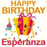 A vibrant and funny gift box character with a happy face dancing with a cupcake and the text 'Happy Birthday Esperanza,' surrounded by animated confetti and party vibes.