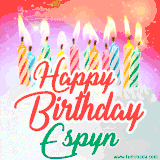 Bright birthday candles with rainbow flames on a cake, alongside the text 'Happy Birthday Espyn' in vibrant script in this celebratory animated GIF.