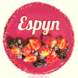 Beautifully decorated red velvet berry birthday cake with vibrant fruits and a glowing 'Espyn' name, adding a touch of sweetness and sparkle.