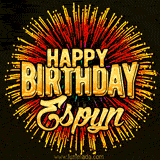 Golden 'Happy Birthday Espyn' text accompanied by animated rainbow fireworks for a festive animated greeting.
