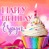 A vibrant birthday GIF featuring a rainbow-colored cupcake topped with white frosting, sprinkles, and a lit candle. The text reads 'Happy Birthday Espyn' in bold pink and violet letters with white outline.