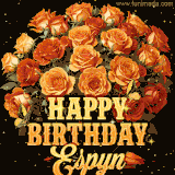 Animated bouquet of orange roses with moving butterfles and golden 'Happy Birthday Espyn' text, surrounded by sparkling accents and a dark backdrop for a luxurious feel.