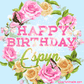 A charming animated GIF featuring 'Happy Birthday Espyn' in pink and green text, surrounded by delicate roses, leaves, and fluttering butterflies on a soft light blue pastel background.