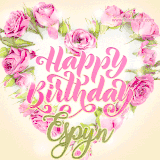 A stunning heart made of pink roses surrounds the elegant script text 'Happy Birthday Espyn' on a soft beige background. Animated sparkles add a magical and festive feel.