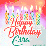 Bright birthday candles with rainbow flames on a cake, alongside the text 'Happy Birthday Esra' in vibrant script in this celebratory animated GIF.
