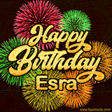 Golden text reading 'Happy Birthday Esra' surrounded by vibrant fireworks in red, green, and yellow, set against a dark background in this celebratory birthday GIF.