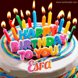 A colorful birthday cake topped with lit candles, with the words 'Happy Birthday Esra' in bold glowing letters on a burgundy background. Animated flames add a festive touch.