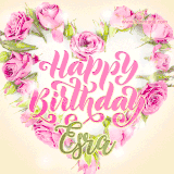 A stunning heart made of pink roses surrounds the elegant script text 'Happy Birthday Esra' on a soft beige background. Animated sparkles add a magical and festive feel.