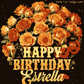 Beautiful bouquet of orange and red roses for Estrella, golden inscription and twinkling stars