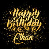 Animated GIF with colorful, festive 'Happy Birthday Ethan' text decorated with patterns, a party hat, and falling confetti. A vibrant and cheerful design for birthday celebrations.