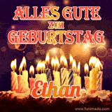An animated GIF featuring 'Alles Gute Zum Geburtstag Ethan' in glowing red and gold letters above a cake with colorful lit candles, set against a festive sparkling background.