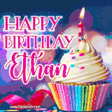 A festive animated GIF featuring a colorful cupcake with a single lit candle, sprinkles, and 'Happy Birthday Ethan' text against a sparkling, celebratory background.