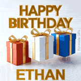 Seamlessly looping animation of bouncing red, white, and blue gift packages with elegant gold text saying Happy Birthday Ethan