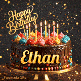 Glittery dark background with golden stars behind a chocolate birthday cake with the name Ethan written on the front.